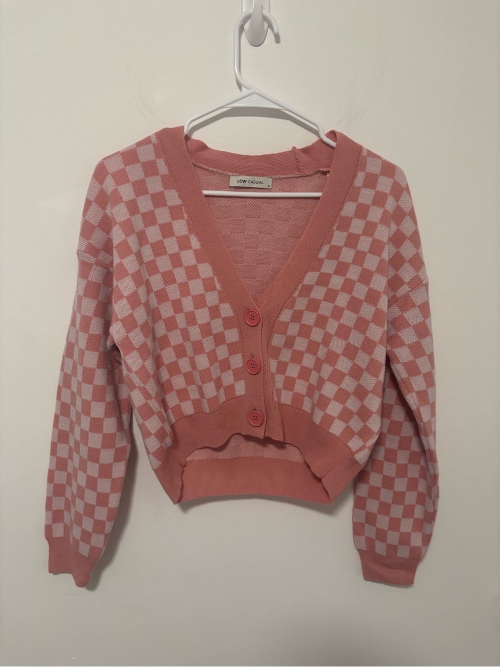 LCW casual pink checkered relaxed fit cropped cardigan - Picture 4 of 10